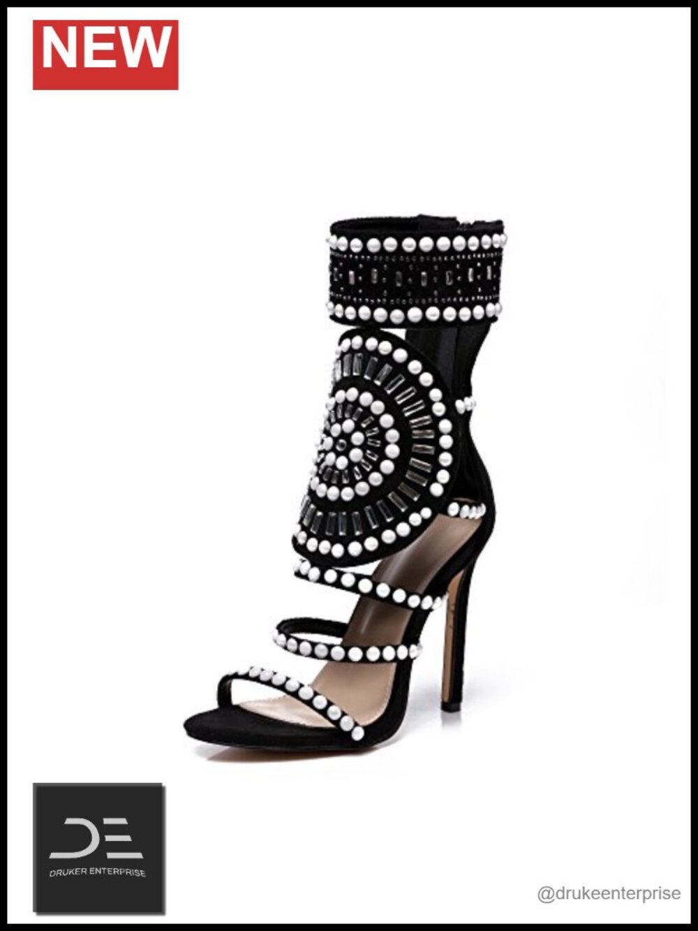 Crystal Studded Strappy High Heel Sandals with Ankle Cuff